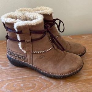 UGG Cove Toast Leather Faux Fur Ankle Winter Boot